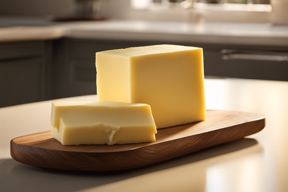 An image showcasing a block of butter placed on a kitchen countertop, surrounded by a warm, sunlit ambiance
