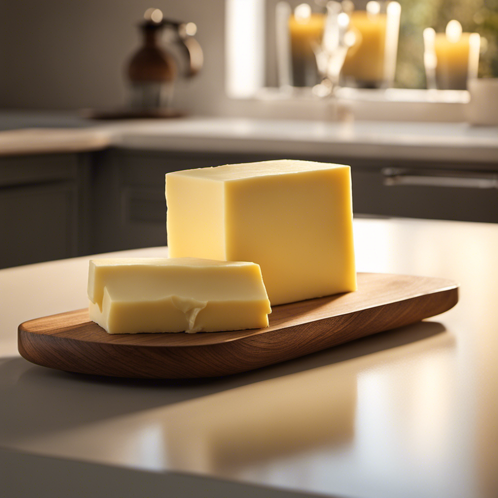 An image showcasing a block of butter placed on a kitchen countertop, surrounded by a warm, sunlit ambiance