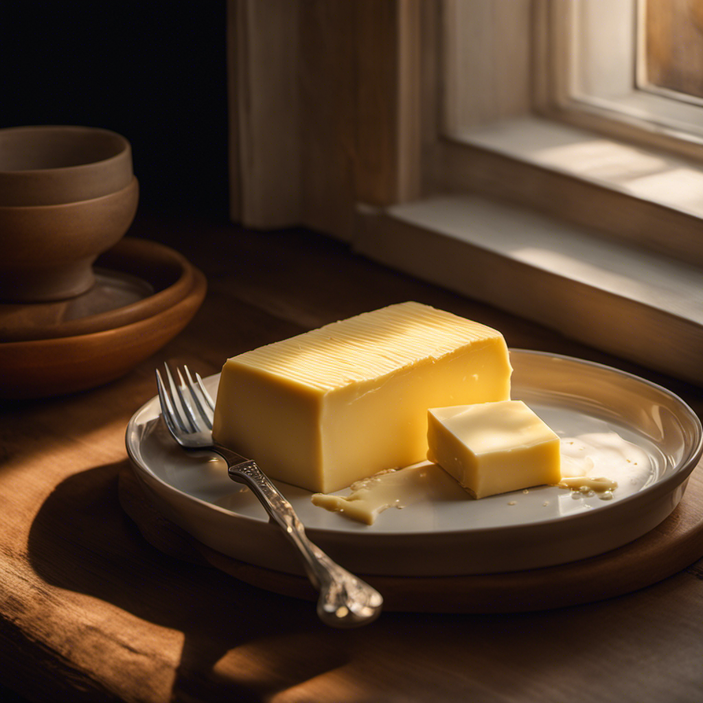 An image capturing the process of butter softening at room temperature: a stick of butter partially unwrapped, placed on a ceramic plate, with gentle sunlight streaming through a nearby window, casting a warm glow