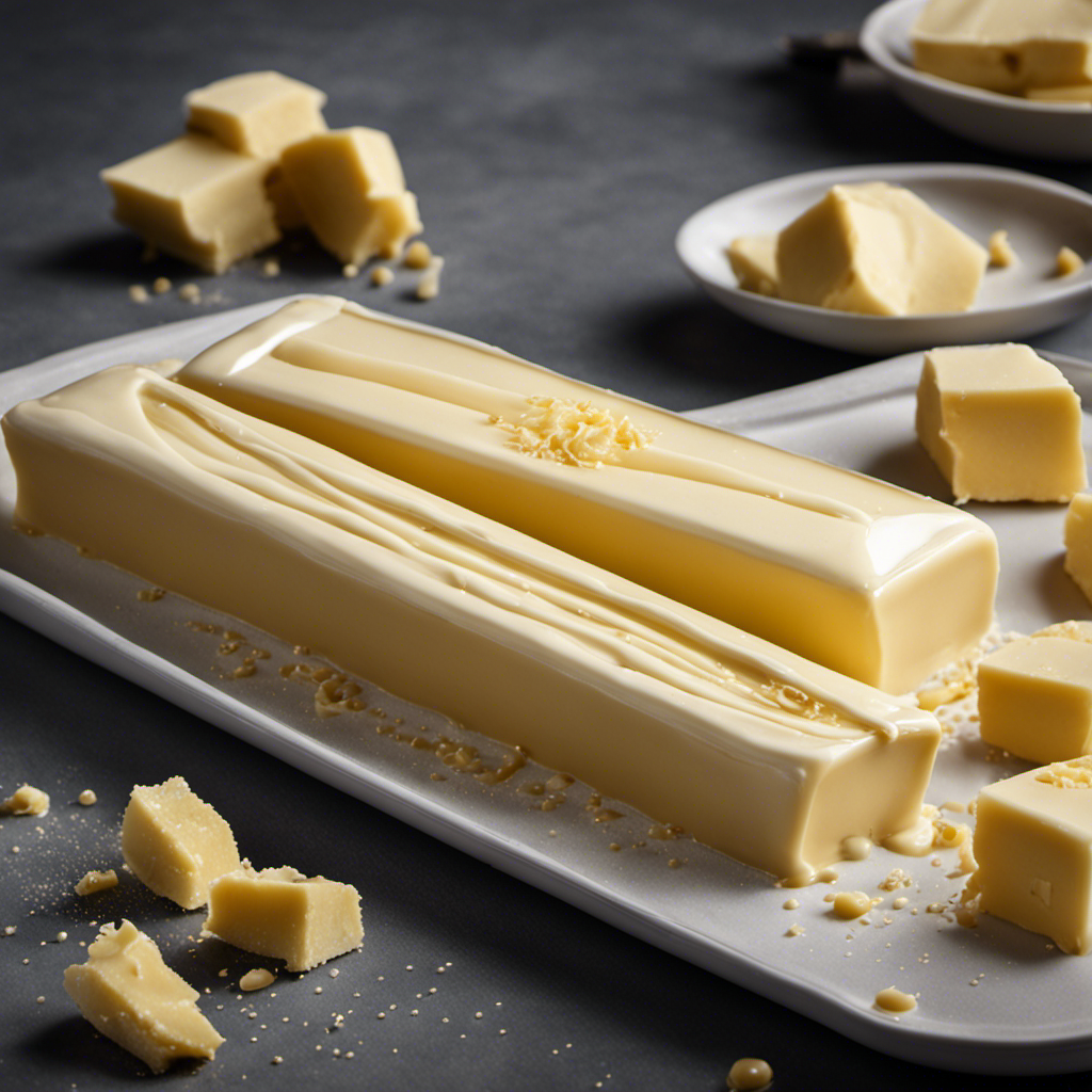 An image capturing the golden, rectangular stick of butter sitting atop a delicate porcelain dish