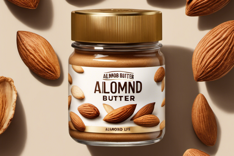 An image showcasing a glass jar of almond butter partially opened, revealing its creamy texture and golden-brown color