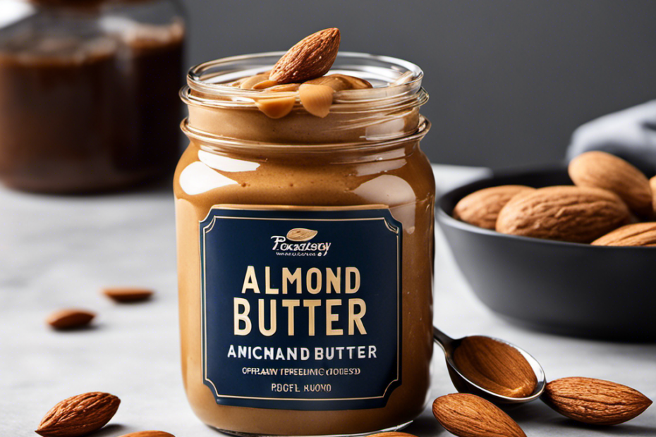 An image showcasing a half-empty jar of almond butter, with a rich, creamy texture that glistens in the light