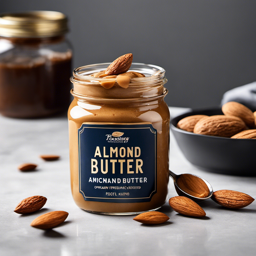 An image showcasing a half-empty jar of almond butter, with a rich, creamy texture that glistens in the light