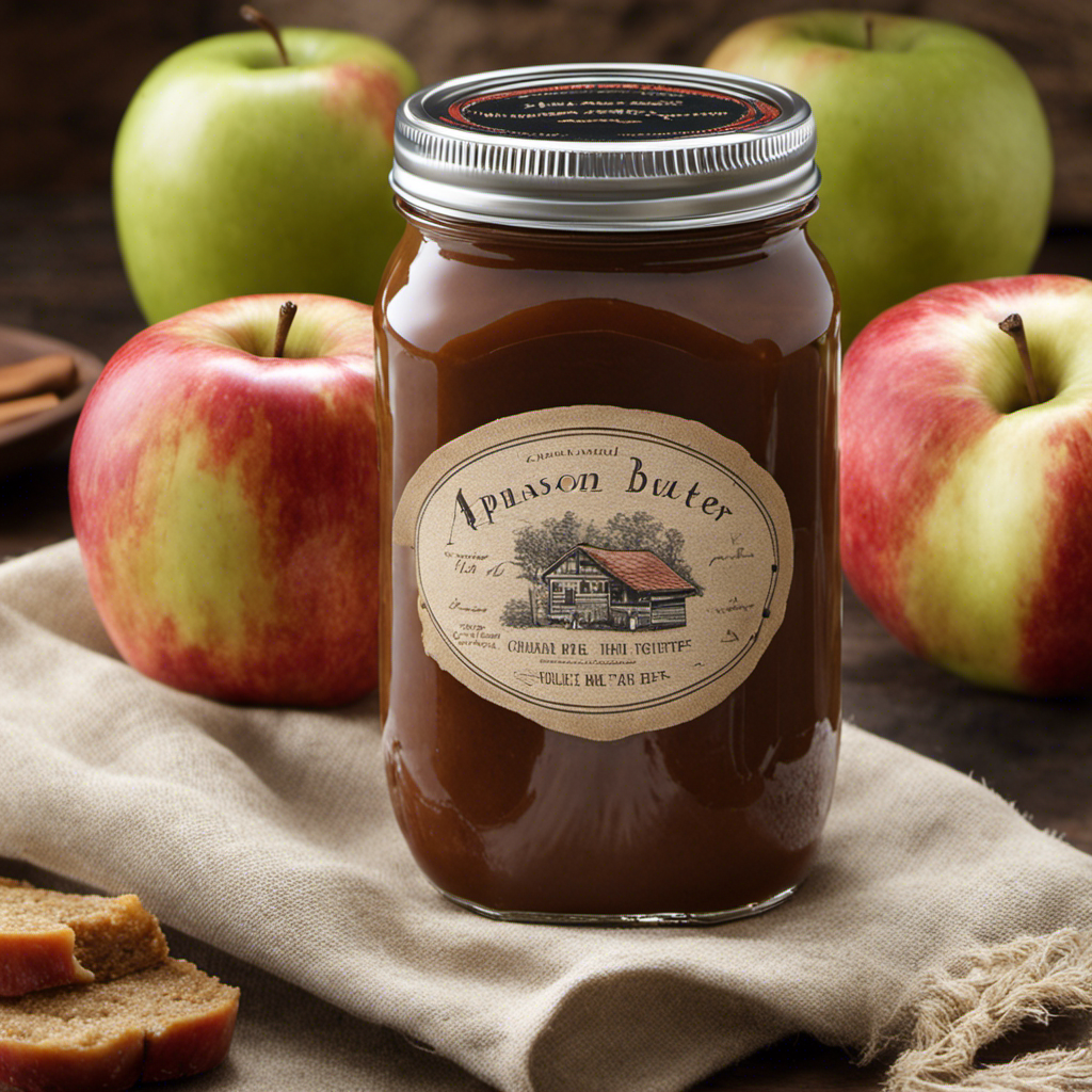 An image capturing a mason jar filled with rich, caramel-colored apple butter, perfectly sealed with a rustic cloth cover and adorned with a handwritten label indicating the preparation date