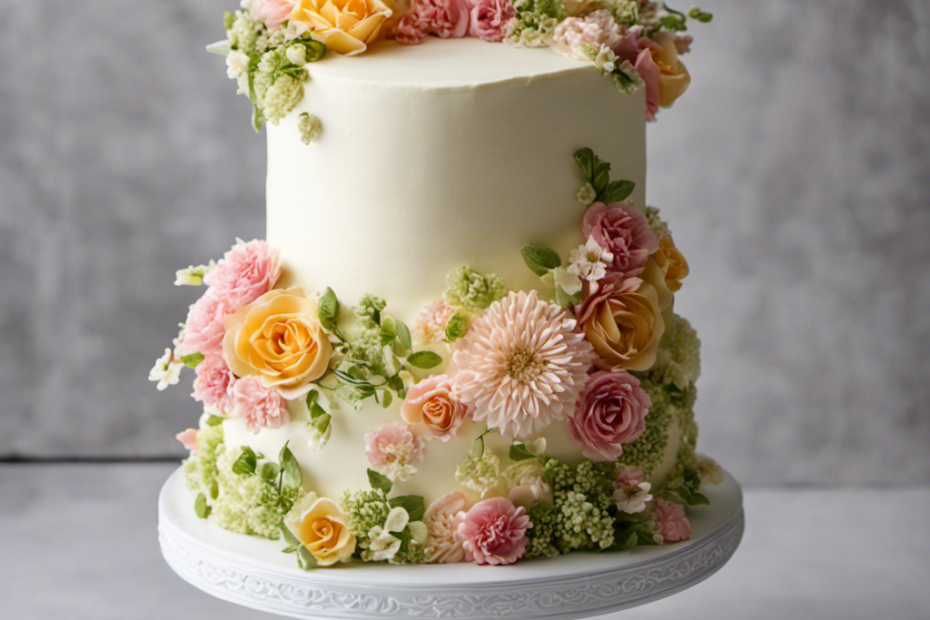 An image that showcases a luscious buttercream-covered cake, adorned with delicate flowers, sitting on a pristine white plate