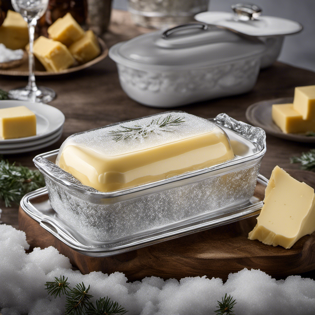An image showcasing a frost-covered butter dish, tightly wrapped in freezer-safe packaging