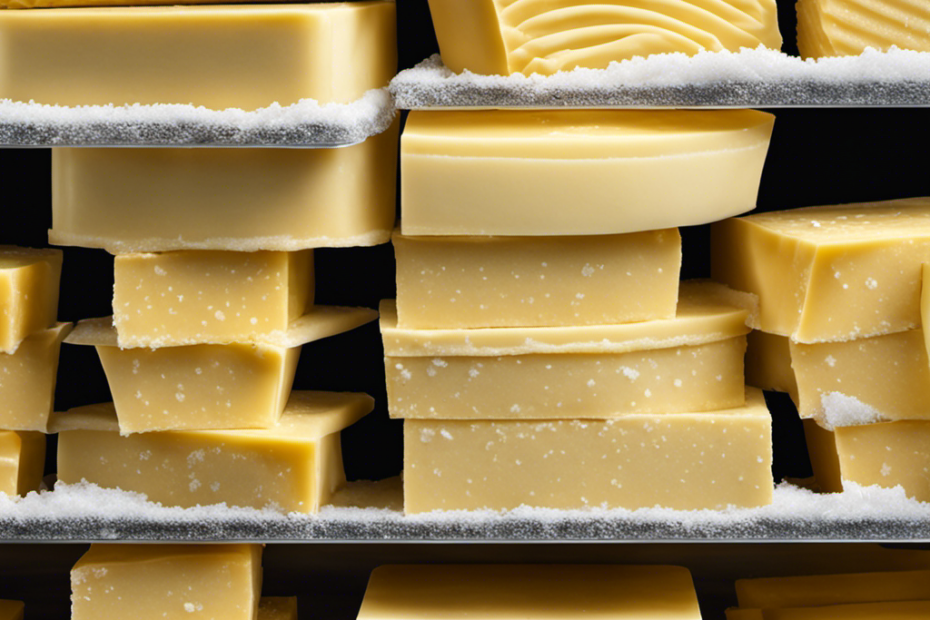 An image featuring a neatly organized freezer shelf, showcasing a wrapped stick of butter with frost crystals forming on its surface