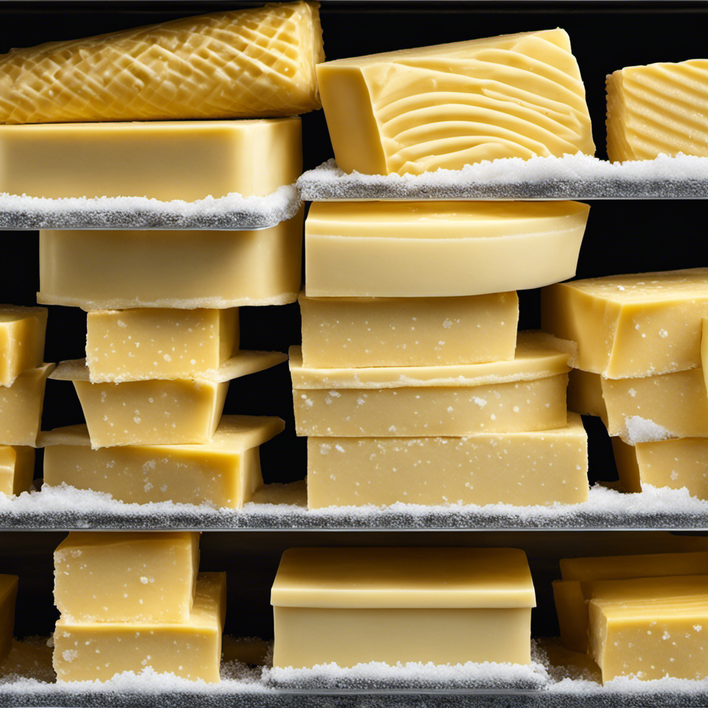 An image featuring a neatly organized freezer shelf, showcasing a wrapped stick of butter with frost crystals forming on its surface