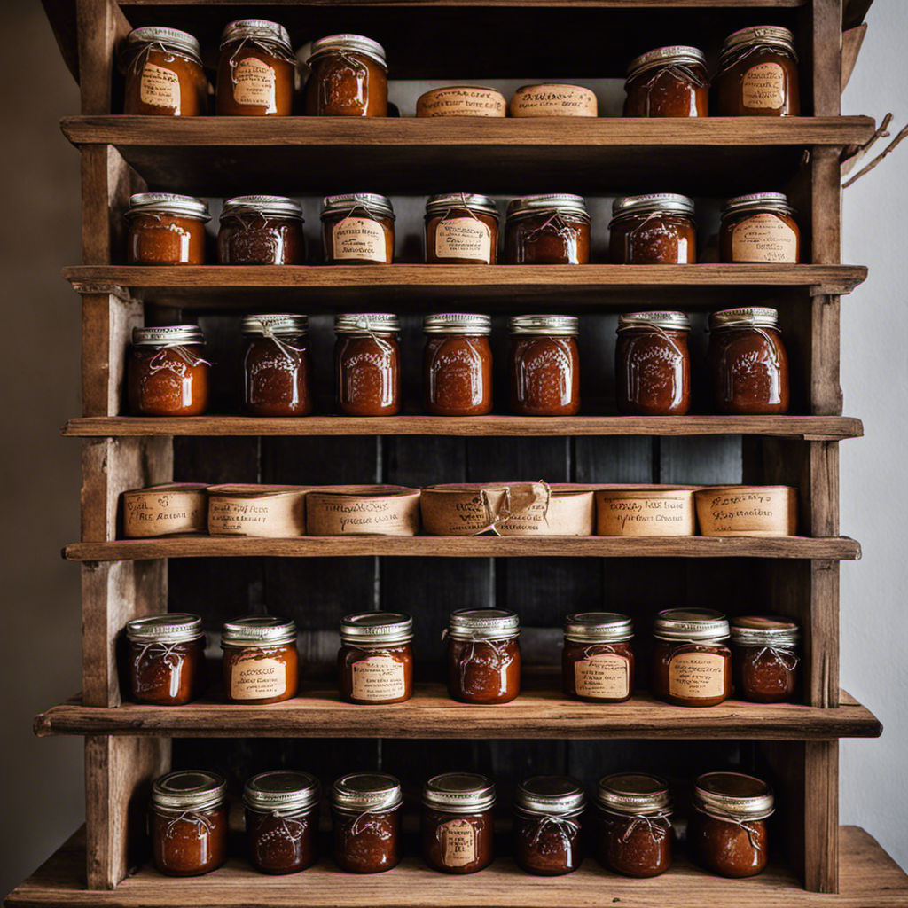 An image featuring a neatly arranged row of canned apple butter jars on a rustic wooden shelf, each bearing a handwritten label indicating the date of preservation