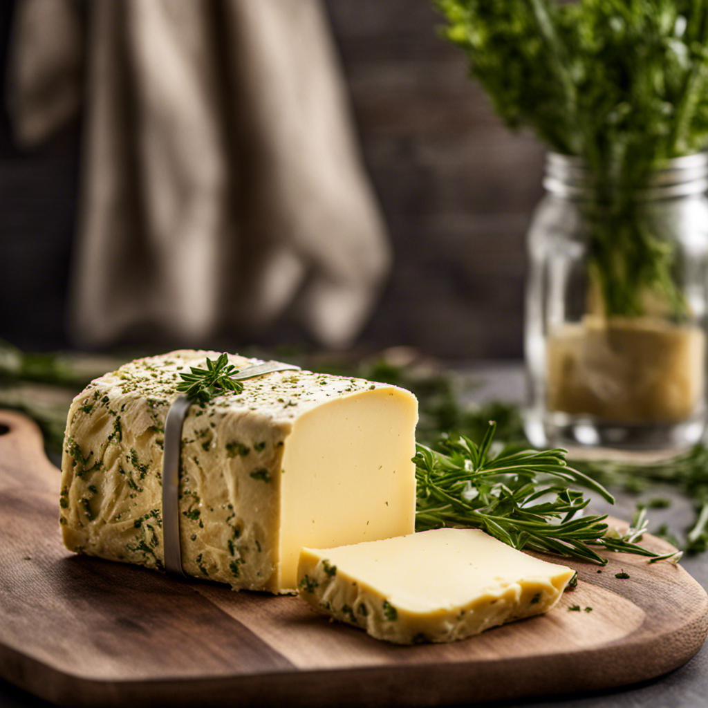 An image showcasing a beautifully wrapped compound butter, adorned with fresh herbs, sitting on a wooden cutting board