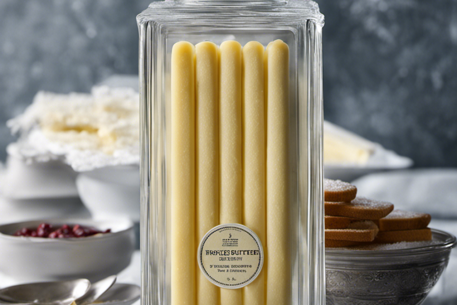 An image showcasing a stack of frozen butter sticks neatly arranged in a frost-covered glass container