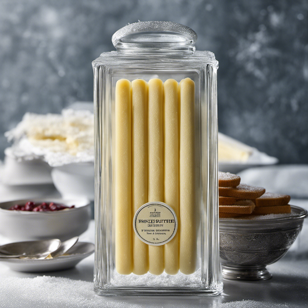 An image showcasing a stack of frozen butter sticks neatly arranged in a frost-covered glass container