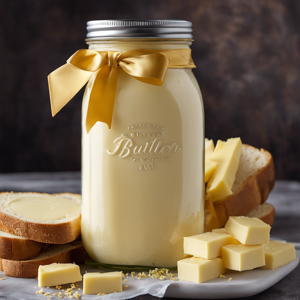 An image capturing the essence of freshness: a mason jar filled with creamy homemade butter, adorned with a golden pat of butter melting over a warm slice of bread, exuding a tantalizing aroma