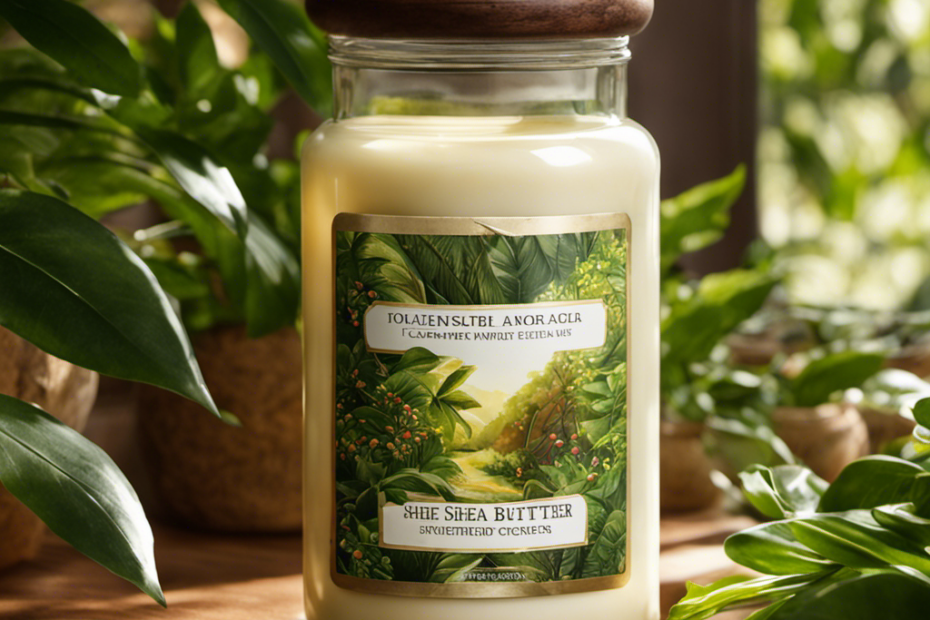 An image illustrating a jar of Shea butter, perfectly preserved amidst lush greenery, with sunlight gently streaming through a nearby window, showcasing its longevity and natural freshness