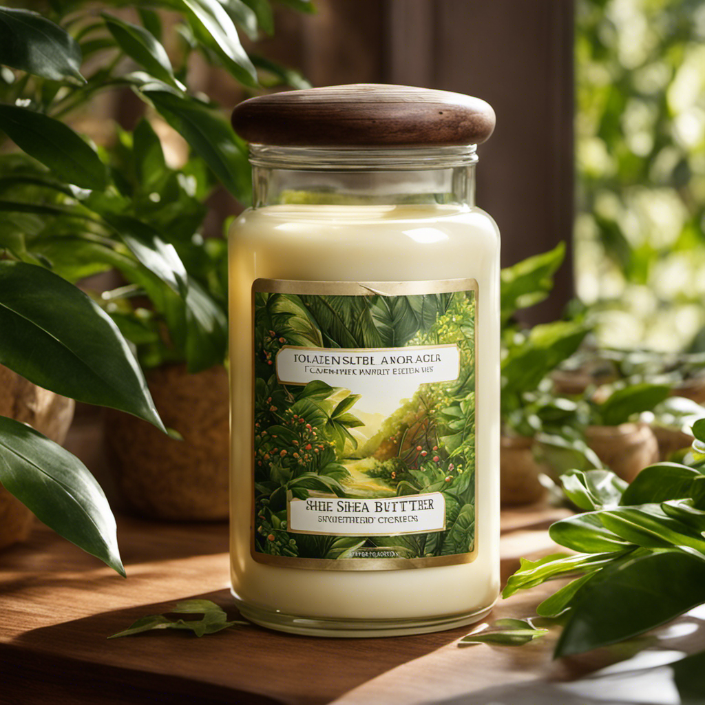 An image illustrating a jar of Shea butter, perfectly preserved amidst lush greenery, with sunlight gently streaming through a nearby window, showcasing its longevity and natural freshness