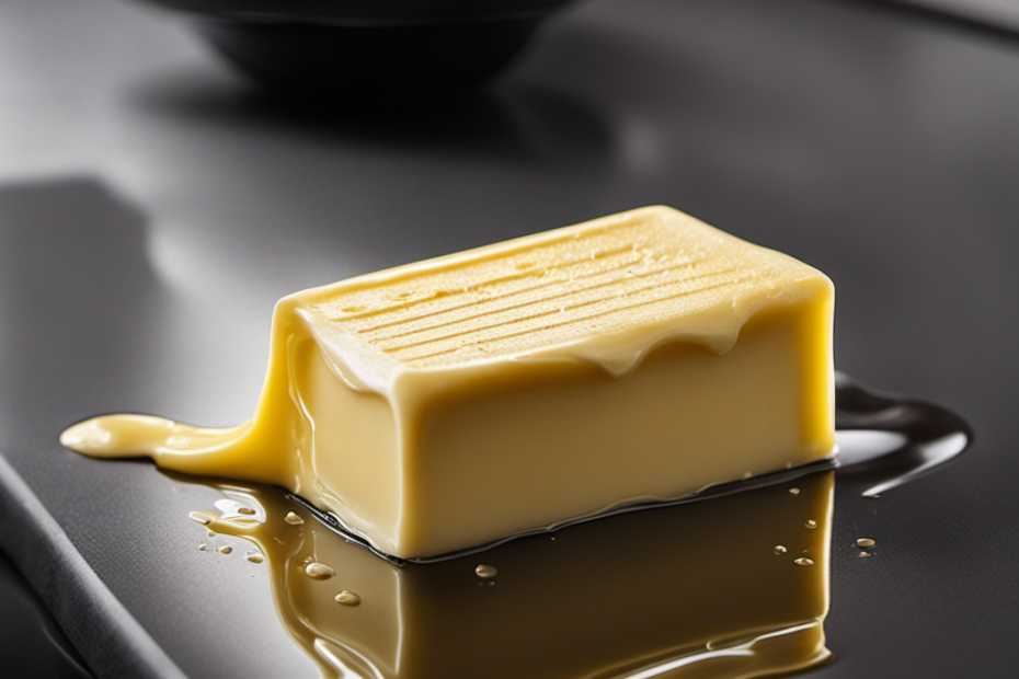 An image showcasing a stick of butter sitting on a kitchen countertop, partially melted at room temperature, with visible condensation droplets forming on its surface, emphasizing the question of how long stick butter remains safe to consume after its expiration date