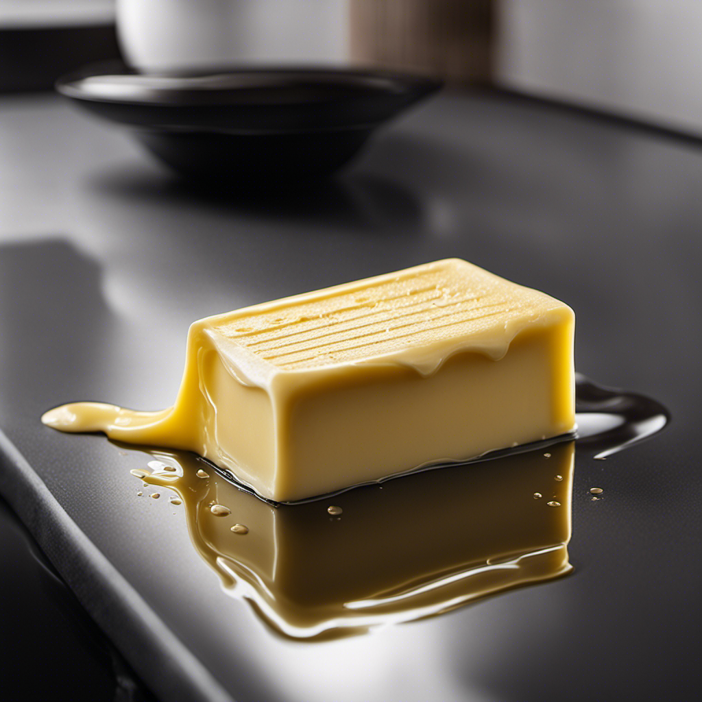 An image showcasing a stick of butter sitting on a kitchen countertop, partially melted at room temperature, with visible condensation droplets forming on its surface, emphasizing the question of how long stick butter remains safe to consume after its expiration date