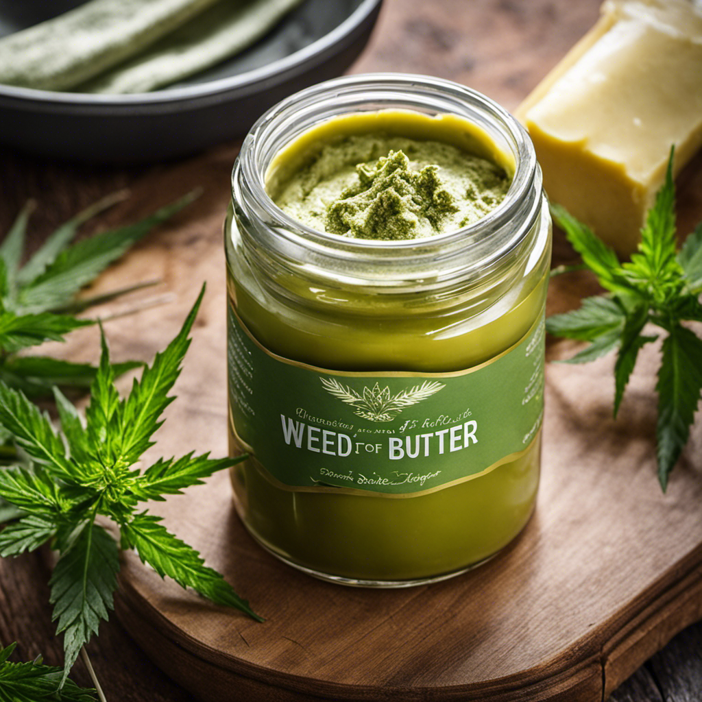 An image showcasing a jar of homemade weed butter, nestled on a rustic wooden countertop