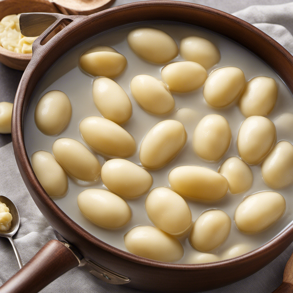 An image showcasing a pot of plump butter beans gently boiling in salted water, their creamy white skins glistening, as a timer sits nearby, capturing the anticipation of the precise blanching time