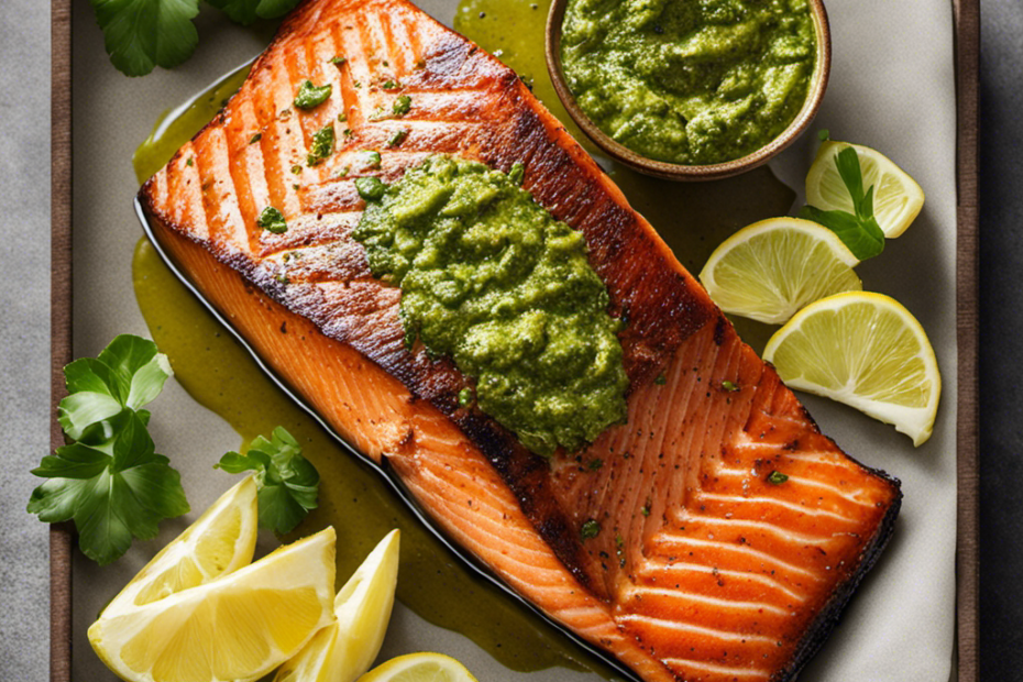 An image showcasing a succulent fillet of Costco salmon perfectly seared to a golden brown, topped with a luscious layer of vibrant green pesto butter, sizzling on a sizzling hot grill
