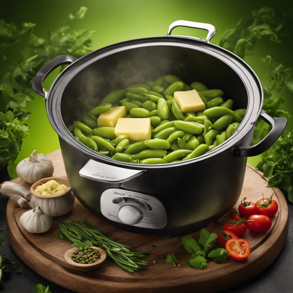 An image showcasing a simmering pot with vibrant green frozen butter beans, surrounded by aromatic herbs and spices
