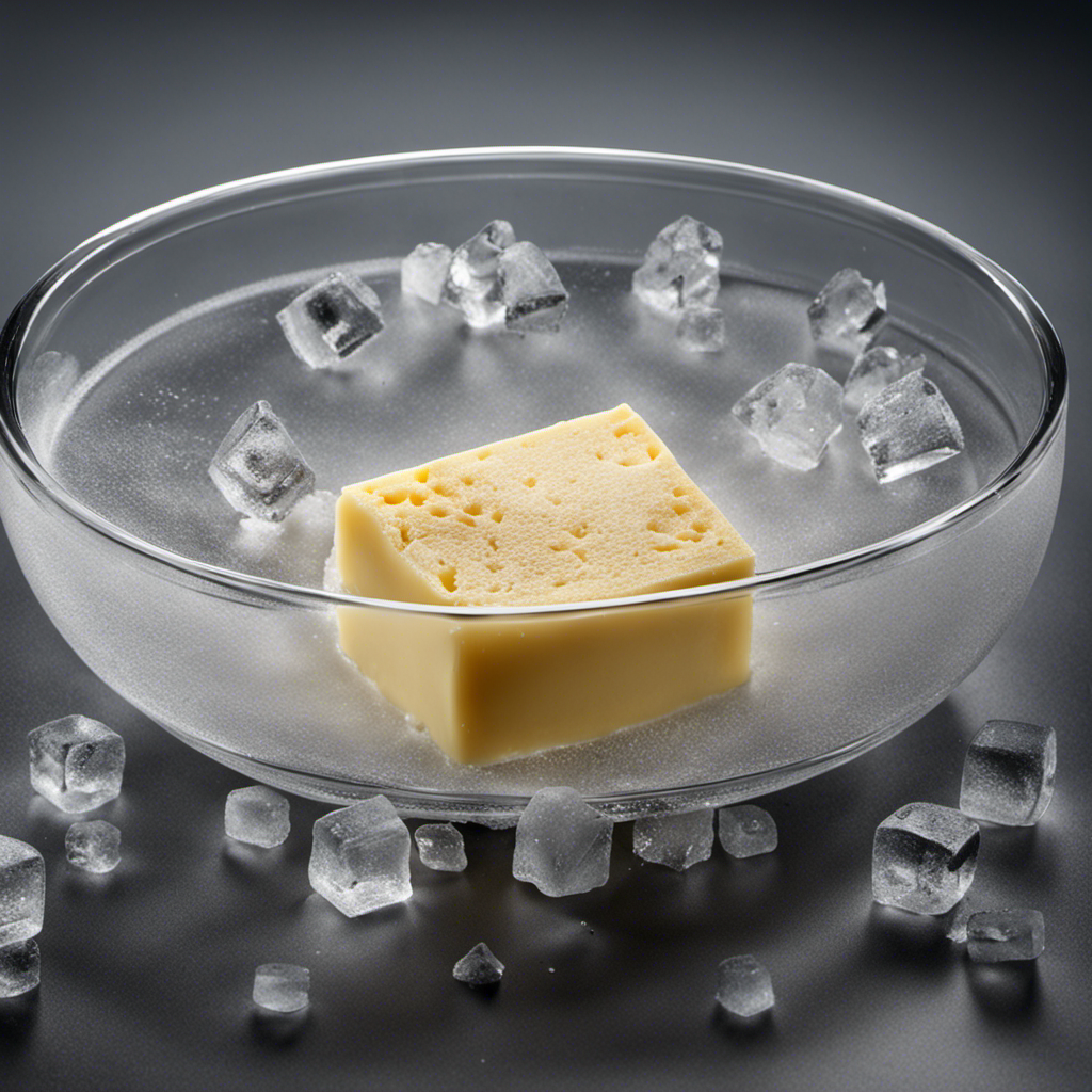 An image showing a stick of butter partially submerged in a glass bowl filled with ice cubes, surrounded by a frosty mist