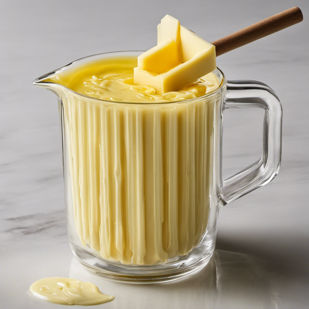 An image showcasing a glass measuring cup filled to the 1-cup mark with melted butter, while adjacent to it, precisely seven sticks of butter are arranged neatly, each stick marked with a number