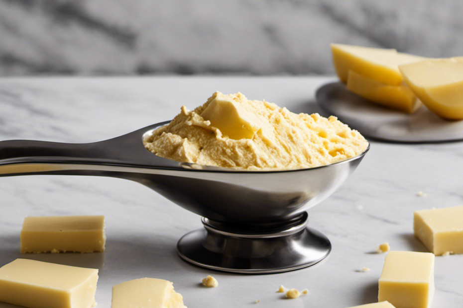 An image focusing on a measuring spoon filled with creamy, golden butter, placed on a kitchen scale