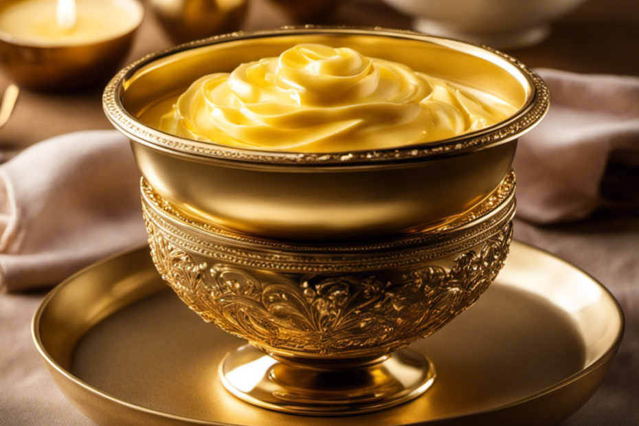 An image showcasing a small, elegant golden dish with precisely measured 2 tablespoons of creamy, melted butter, glistening under soft lighting, inviting readers to explore the caloric value of this indulgent ingredient