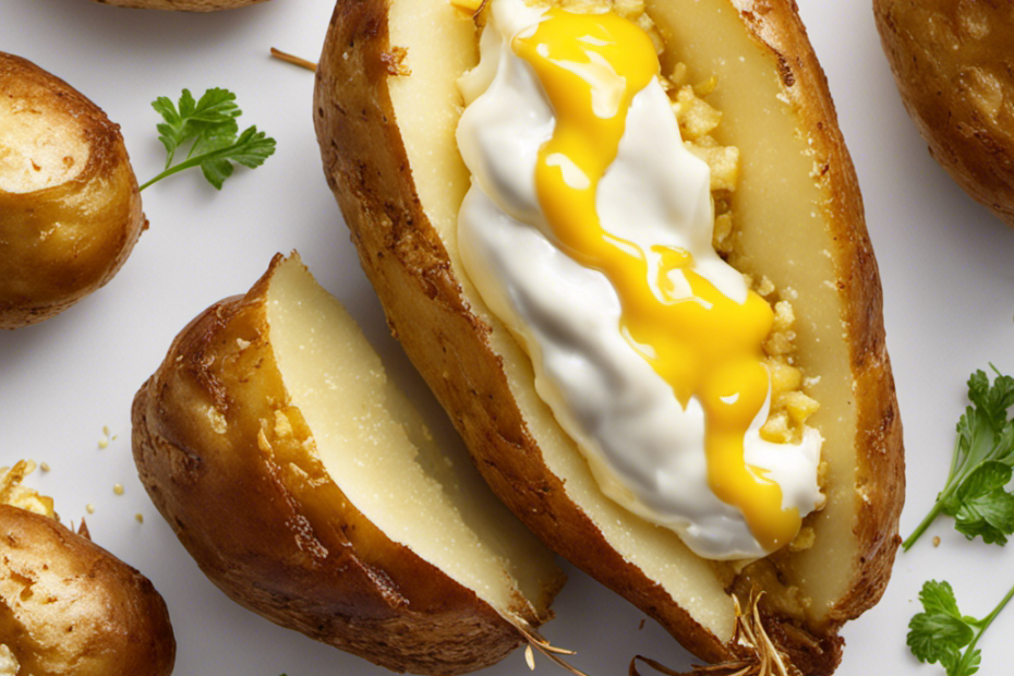 An image showcasing a perfectly baked potato, glistening with a golden-brown skin