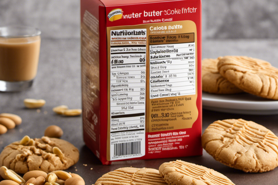 An image showcasing a single Nutter Butter cookie, perfectly golden brown with a creamy peanut butter filling, alongside a meticulously labeled nutrition facts chart highlighting its calorie content