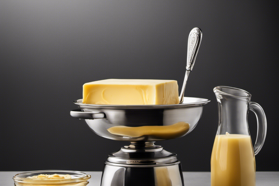 An image showcasing a stick of butter, melted and golden, resting on a kitchen scale surrounded by various measuring cups and spoons, highlighting its caloric content