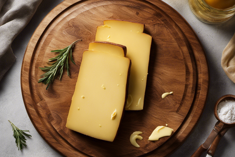An image showcasing a wooden cutting board, with a pat of golden butter gently melting on its surface
