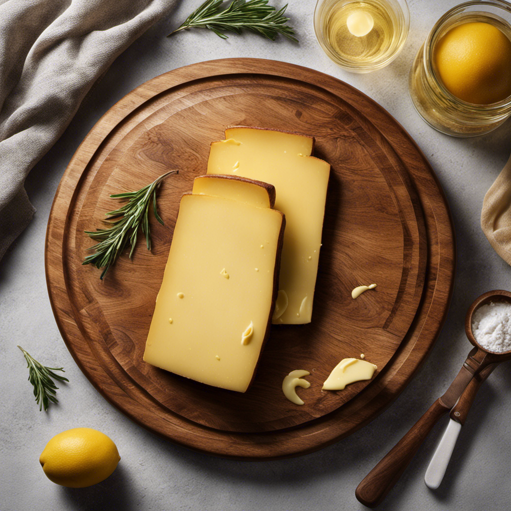 An image showcasing a wooden cutting board, with a pat of golden butter gently melting on its surface