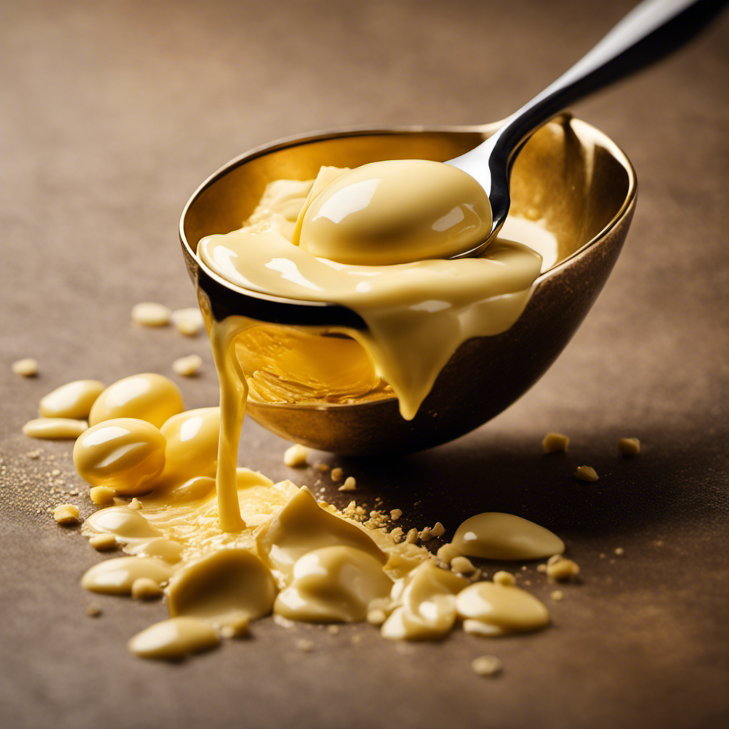 An image showing a close-up of a teaspoon filled with creamy butter, glistening in golden hues