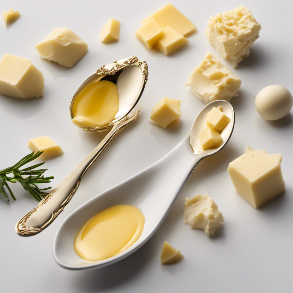An image featuring a close-up shot of a delicately measured teaspoon filled with rich, creamy butter, nestled on a pristine white surface