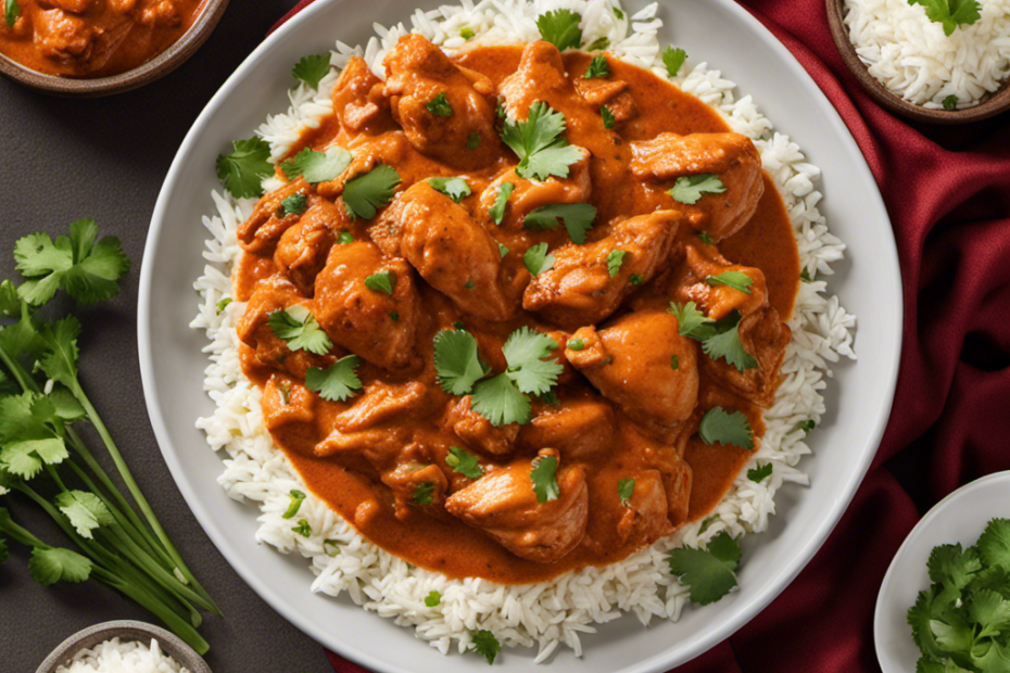 An image showcasing a plate of steaming hot butter chicken, its succulent pieces of marinated chicken swimming in a rich, creamy tomato-based gravy, garnished with fresh cilantro and served alongside fragrant basmati rice
