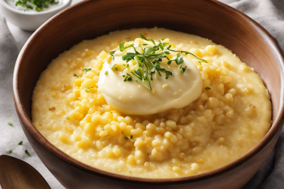 An image of a steaming bowl of creamy grits, perfectly cooked and topped with a generous pat of melting butter
