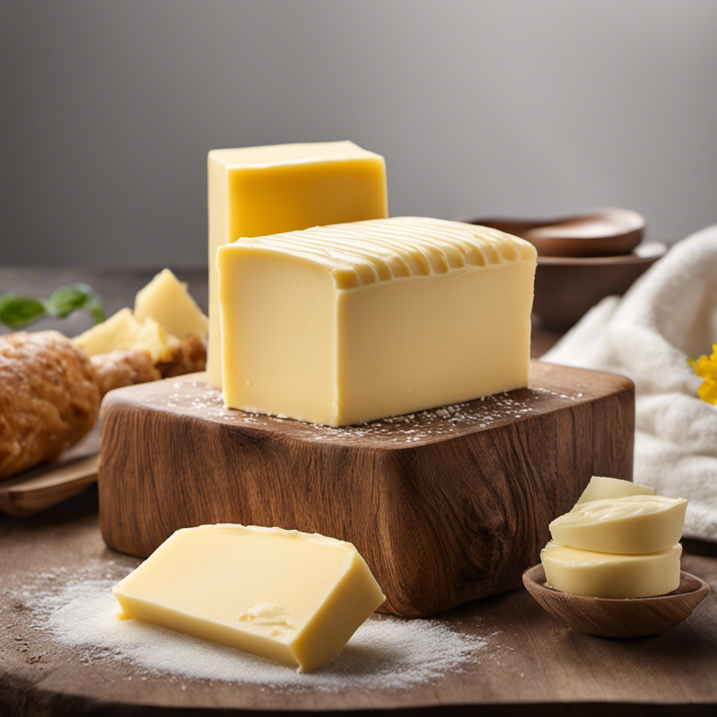 An image showcasing a stick of butter, beautifully photographed in high-resolution, highlighting its creamy yellow color and smooth texture, inviting readers to explore the calorie content of this indulgent ingredient
