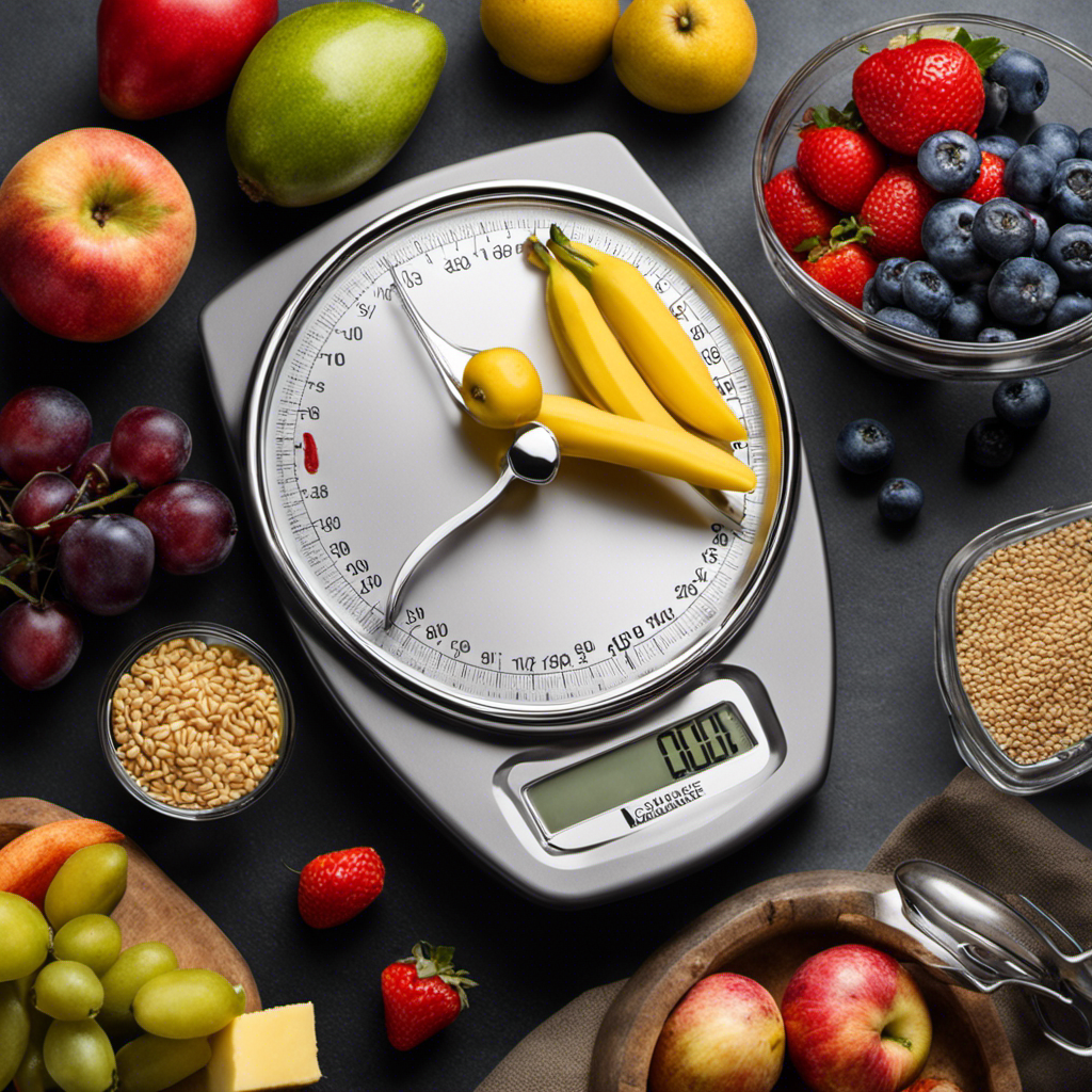 An image showcasing a classic kitchen scale with a tablespoon of butter delicately balanced on one side, while an assortment of nutrient-packed fruits, vegetables, and grains fills the other side, emphasizing the contrasting calorie content