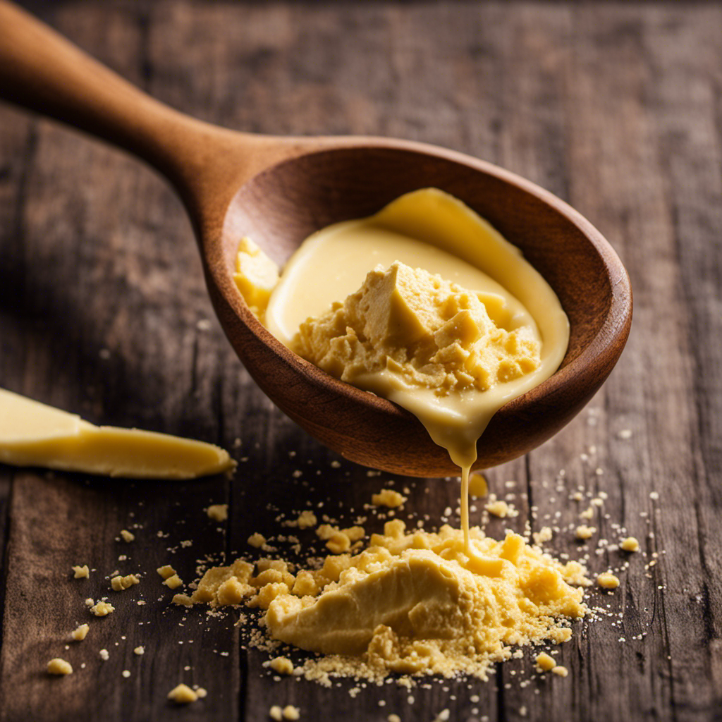 An image showcasing a wooden measuring spoon filled with creamy, golden butter, perfectly leveled at 1 tablespoon