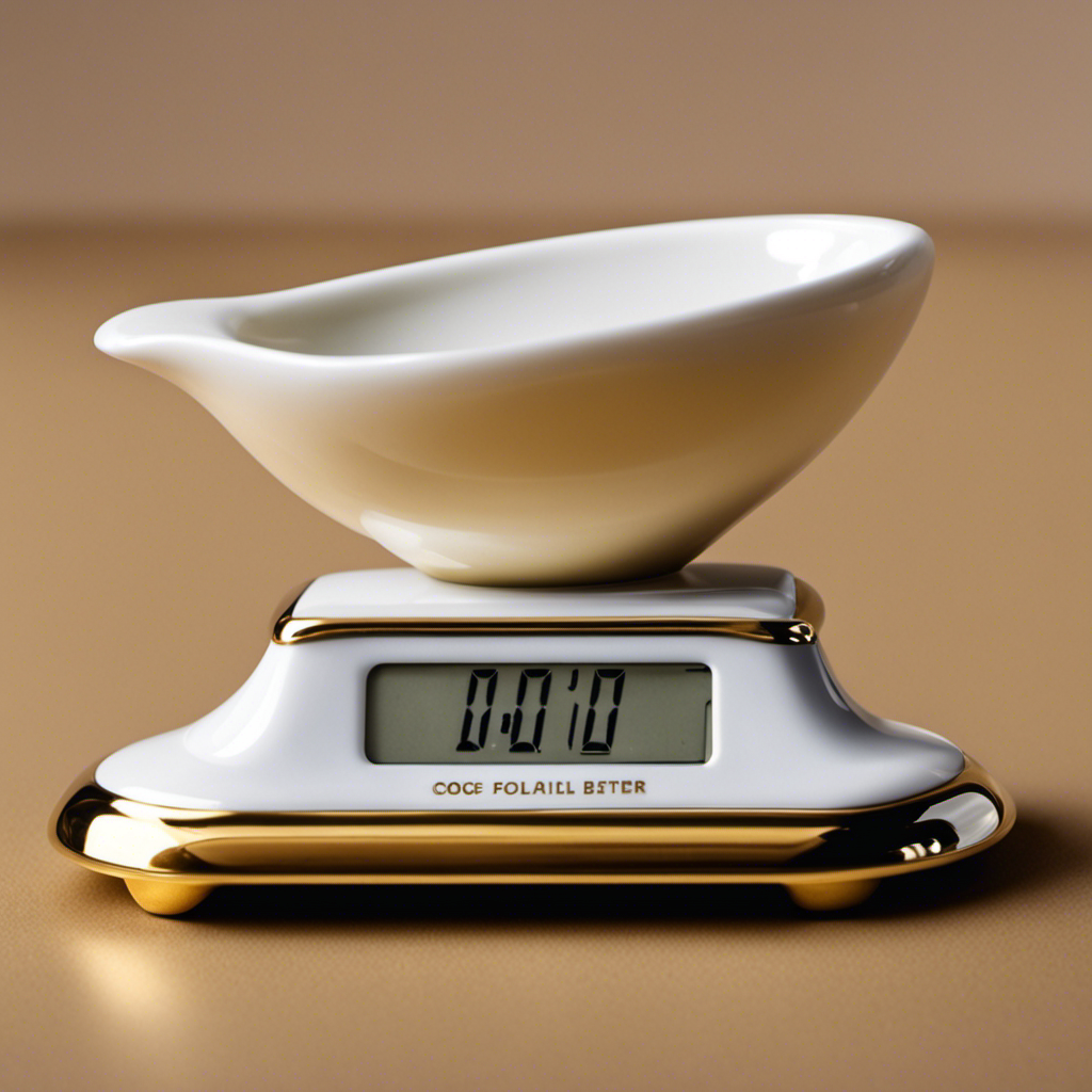 An image of a small, delicate porcelain teaspoon filled with a smooth, golden dollop of butter, perfectly balanced on a kitchen scale