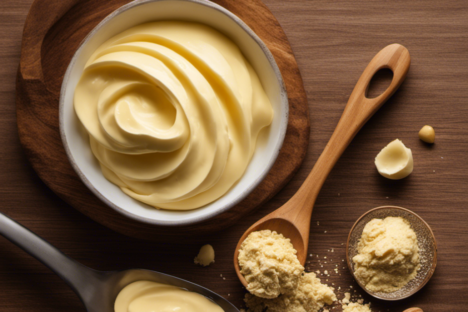 An image showcasing a wooden spoon delicately holding a perfectly measured teaspoon of creamy, golden butter against a backdrop of a kitchen countertop, enticing readers to discover the calorie content