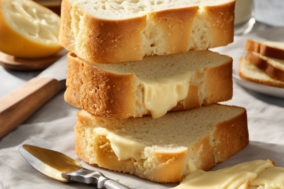 an image showcasing two golden slices of toasted white bread, perfectly spread with a generous layer of creamy butter