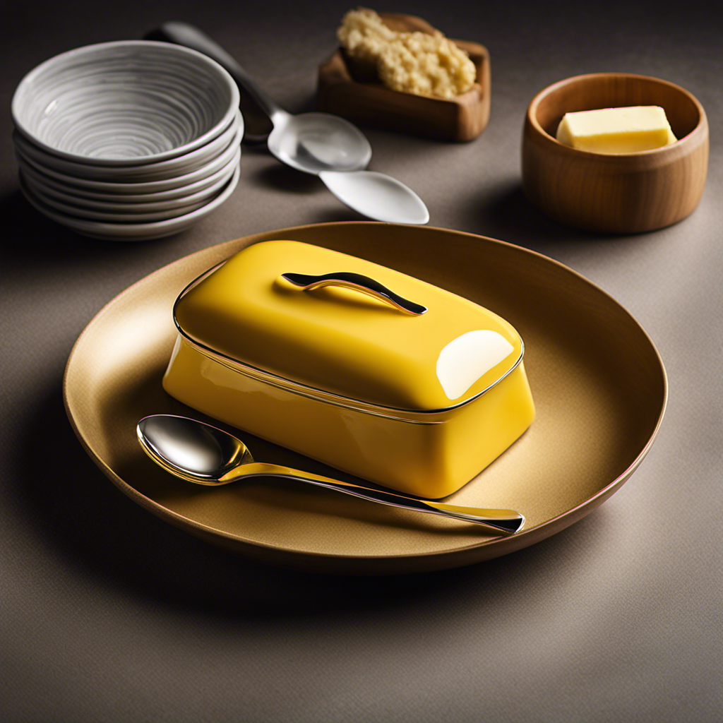 An image showcasing a vibrant yellow butter dish with a precise measuring spoon, containing exactly 2 tablespoons of butter