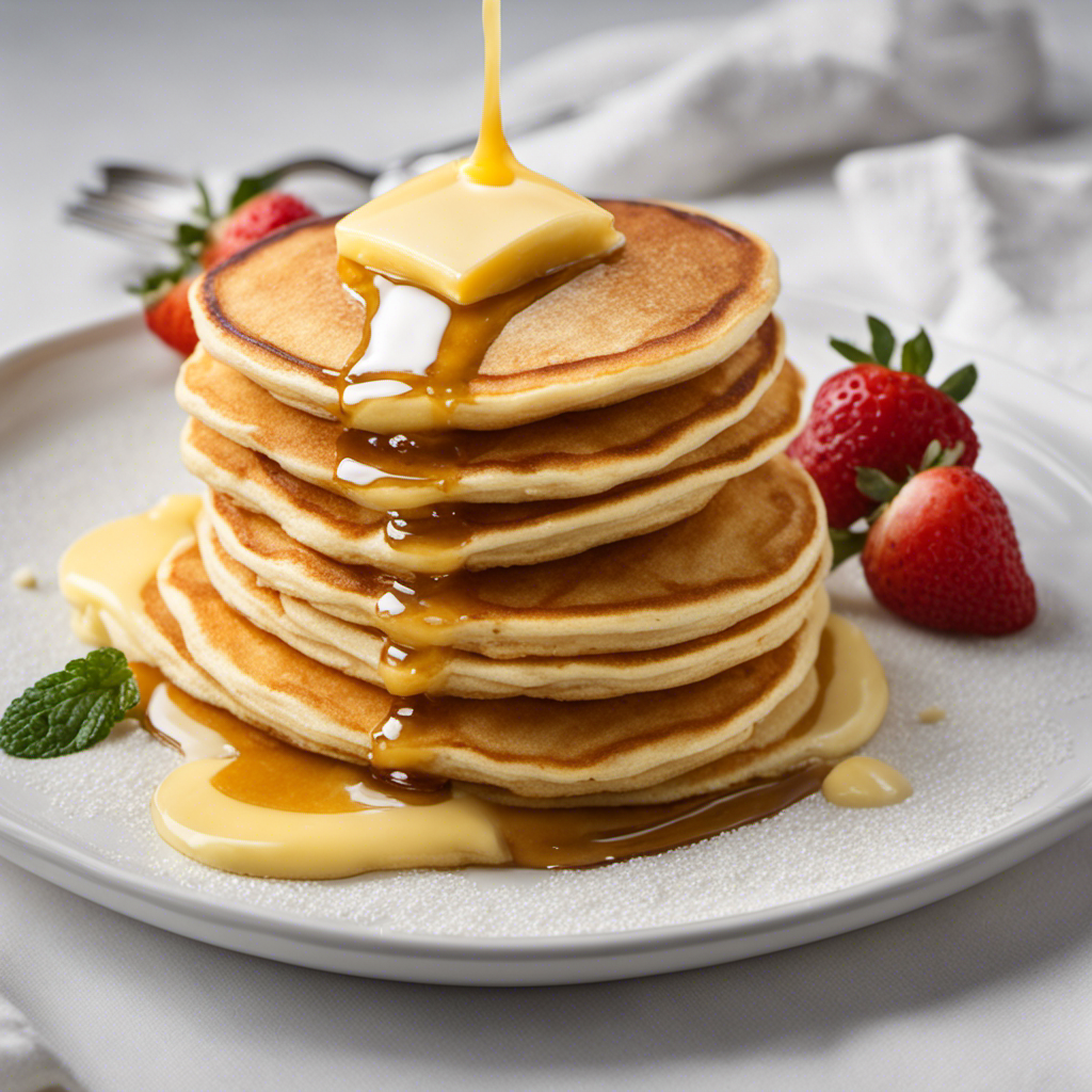 An image that showcases a spoonful of creamy, golden butter melting atop a stack of fluffy pancakes, enticingly highlighting the portion size of 2 tablespoons