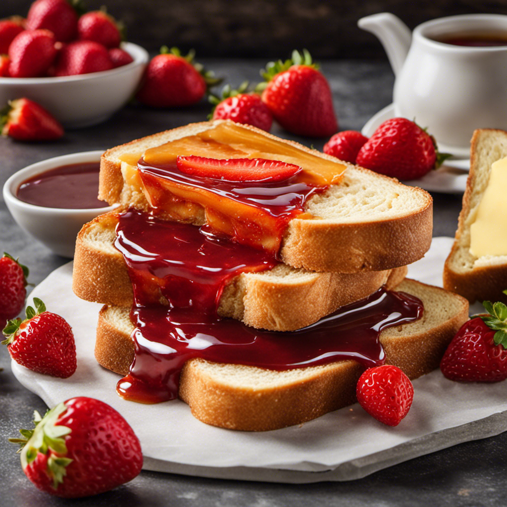 An image showcasing two perfectly golden slices of toast, lightly spread with creamy butter and topped with a generous dollop of sweet, vibrant strawberry jam