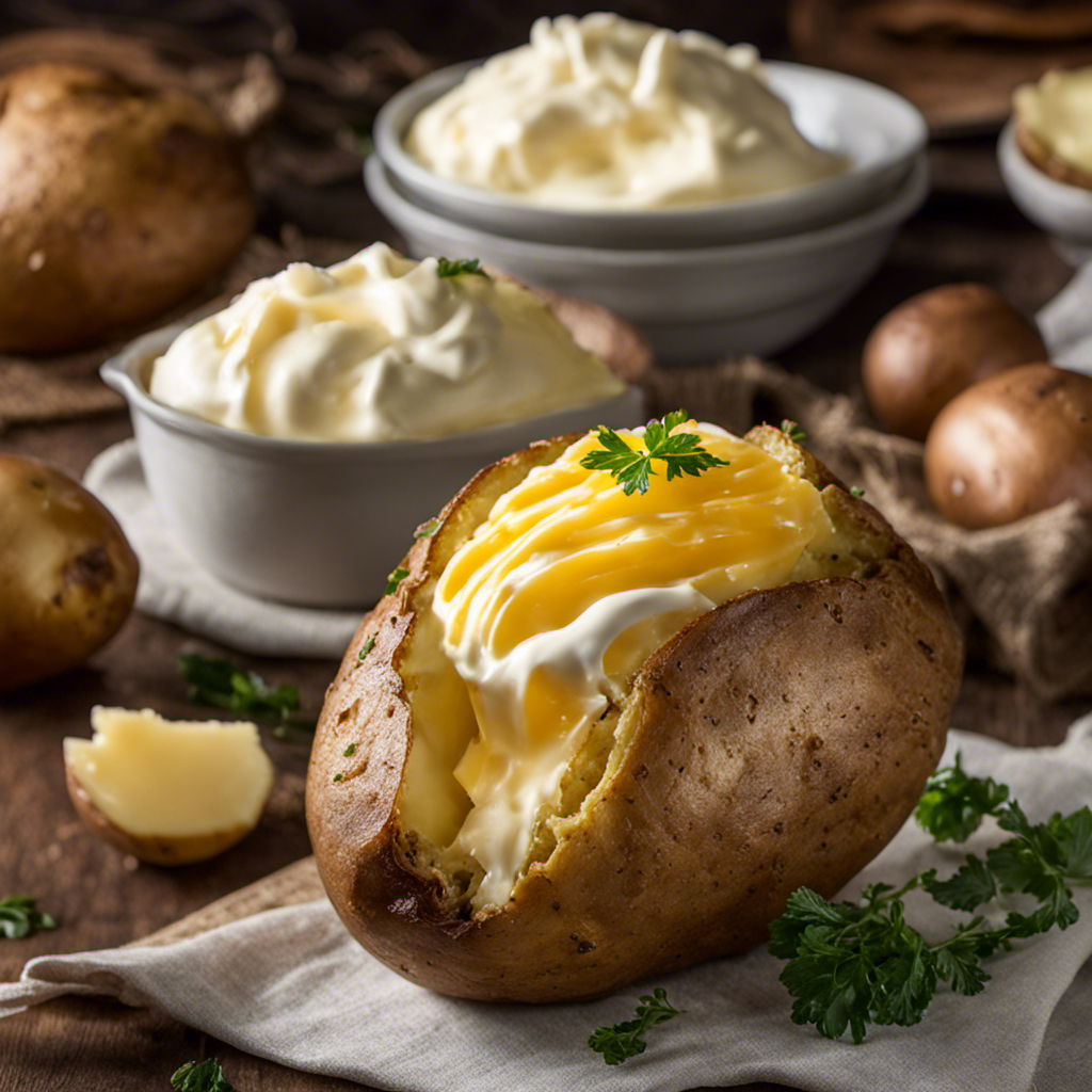 An image that captures the golden-brown skin of a perfectly baked potato, its fluffy interior adorned with a generous dollop of creamy butter and a swirl of tangy sour cream, tempting the taste buds