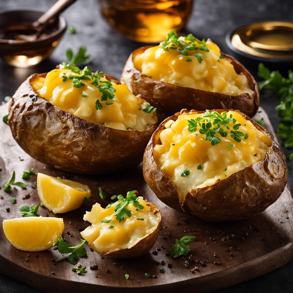 An image that showcases a mouthwatering baked potato, perfectly cooked with a golden crispy skin