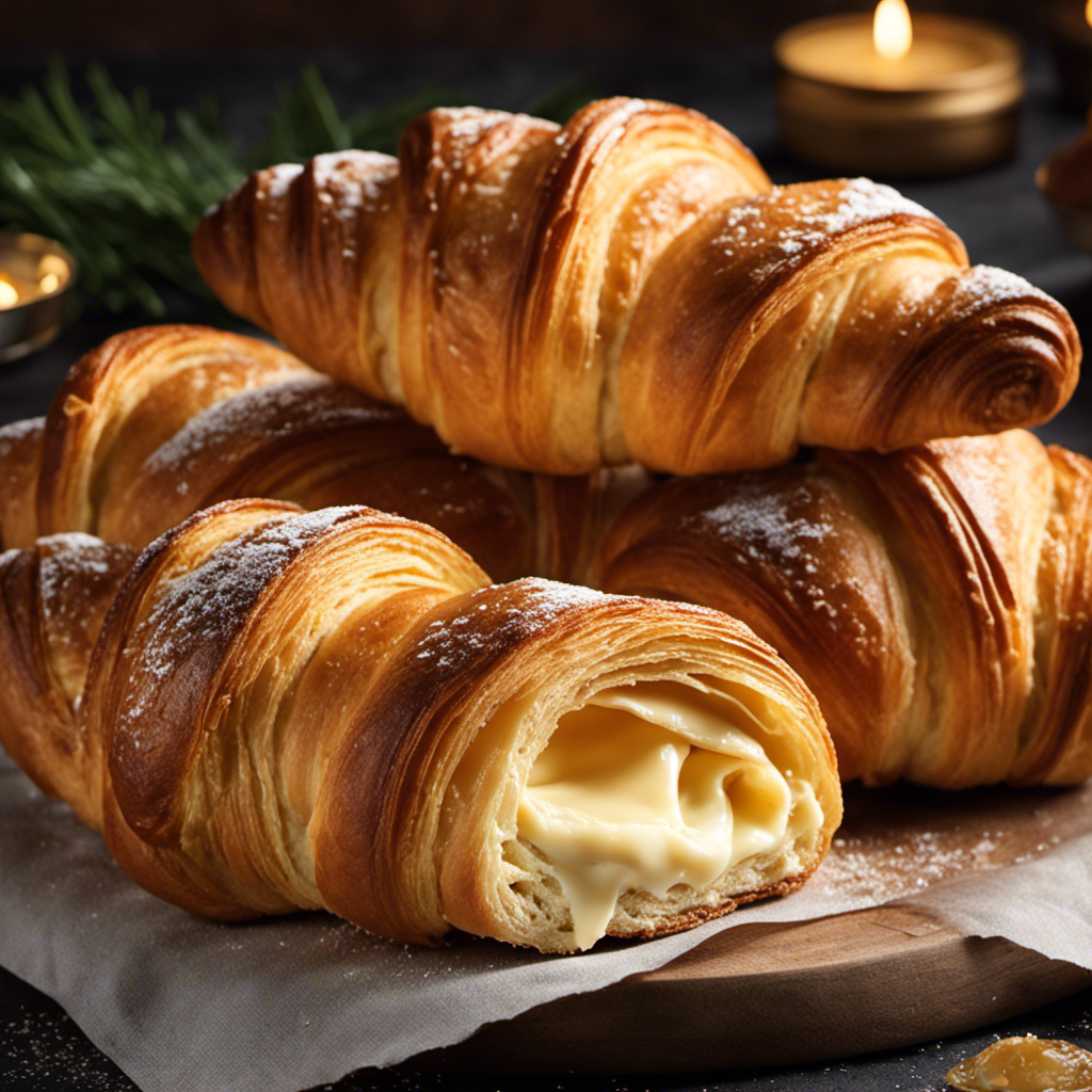 An image showcasing a golden-brown, flaky butter croissant, perfectly baked to perfection